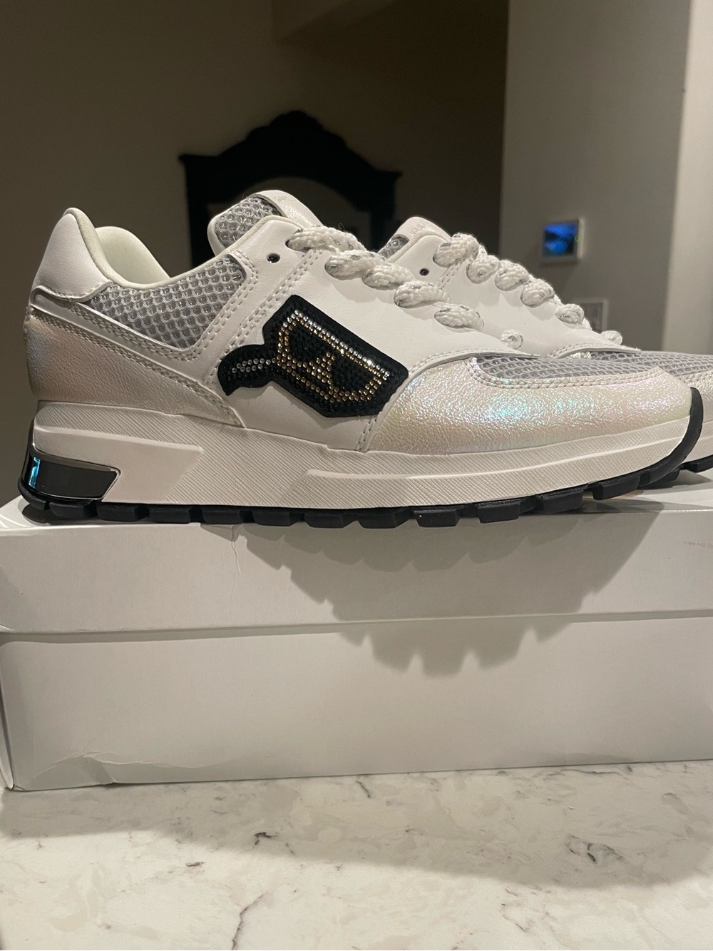 Karl Lagerfeld White Sneakers with Black and Iridescent Accents